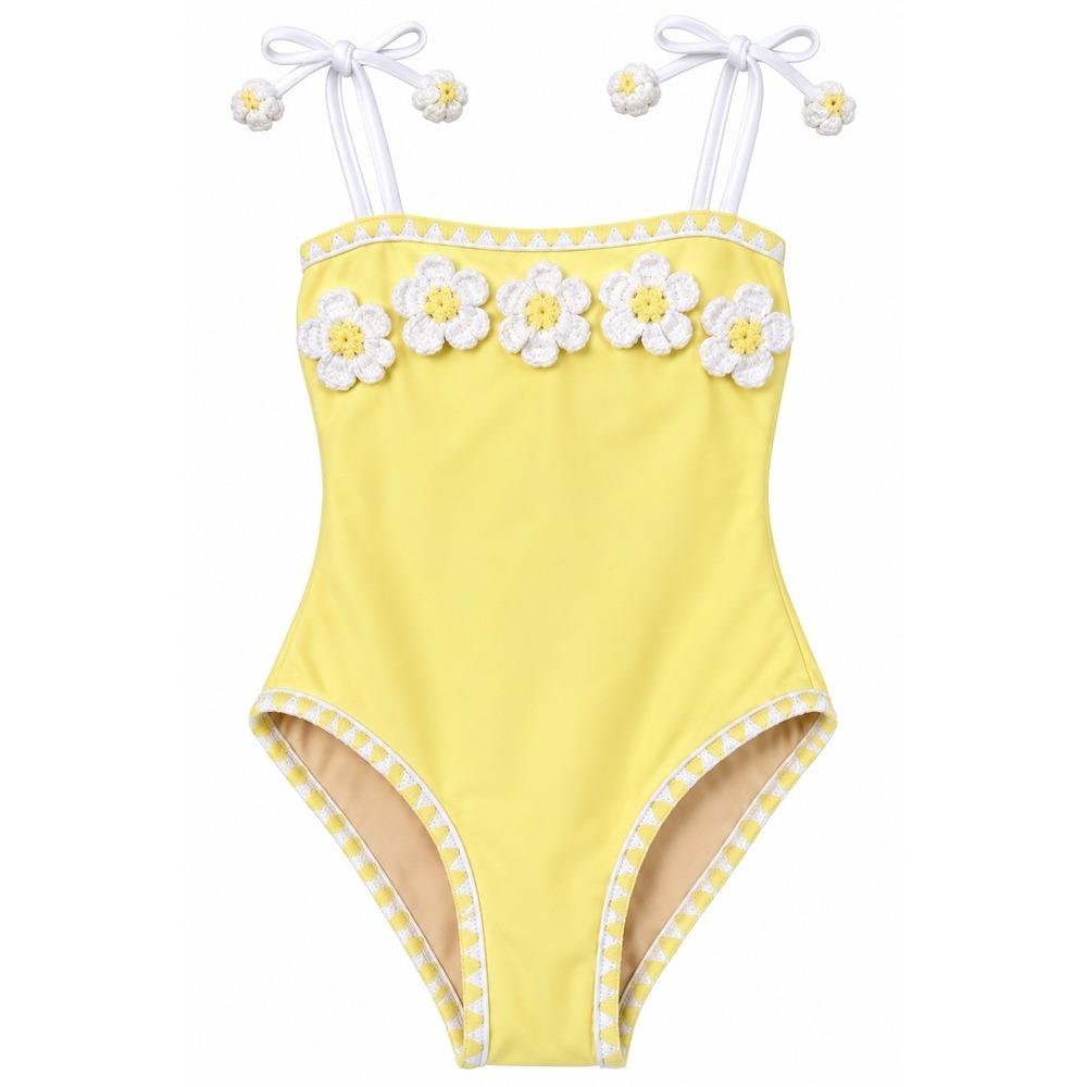 Shade Critters Girls Size 6 Yellow Daisy One Piece Swimsuit Crochet Flowers NWT
